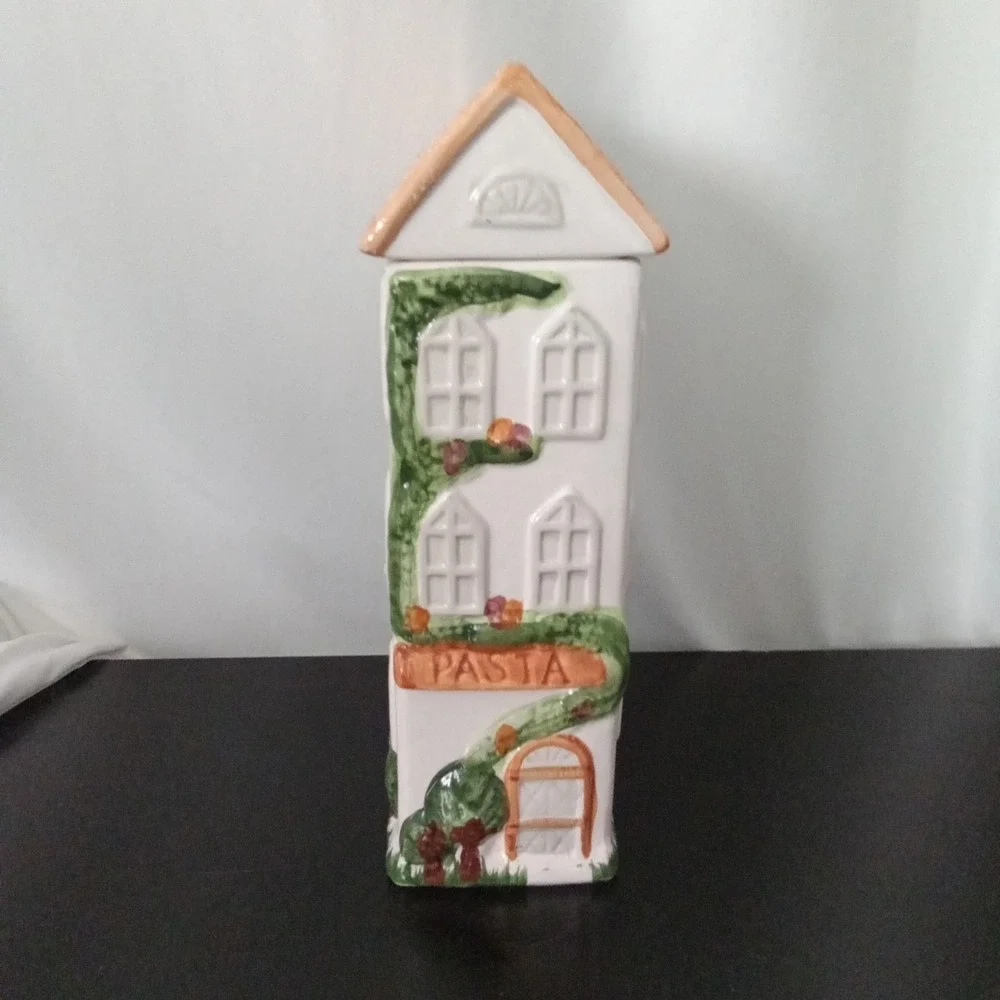 Vintage Style Ceramic Tall Pasta Canister House Shape Hand Painted 12.5 Inch